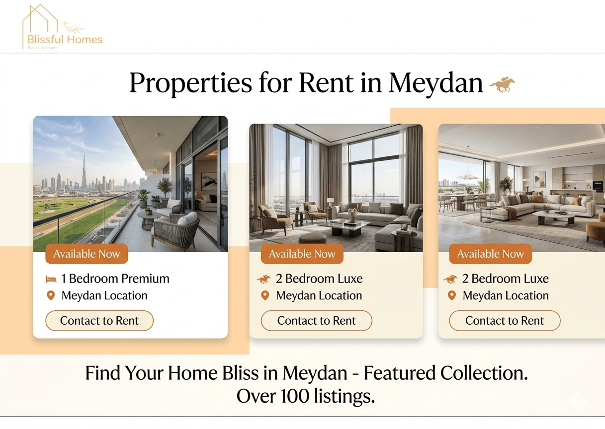 A professional real estate landing page for Blissful Homes featuring "Properties for Rent in Meydan." The image showcases three featured listing cards: a premium 1-bedroom balcony with views of the Meydan racecourse and Dubai skyline, and two luxurious, modern 2-bedroom apartment interiors with floor-to-ceiling windows. The Blissful Homes logo is in the top left corner, and the color scheme uses warm beige and gold tones.