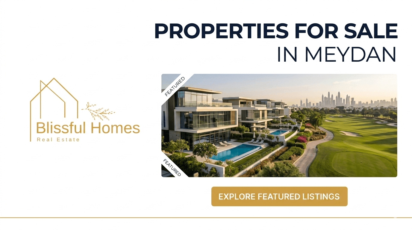 A wide-angle view of luxury modern villas in Meydan, Dubai, featuring lush green landscapes, palm trees, and the Blissful Homes logo, captured during a warm sunset.