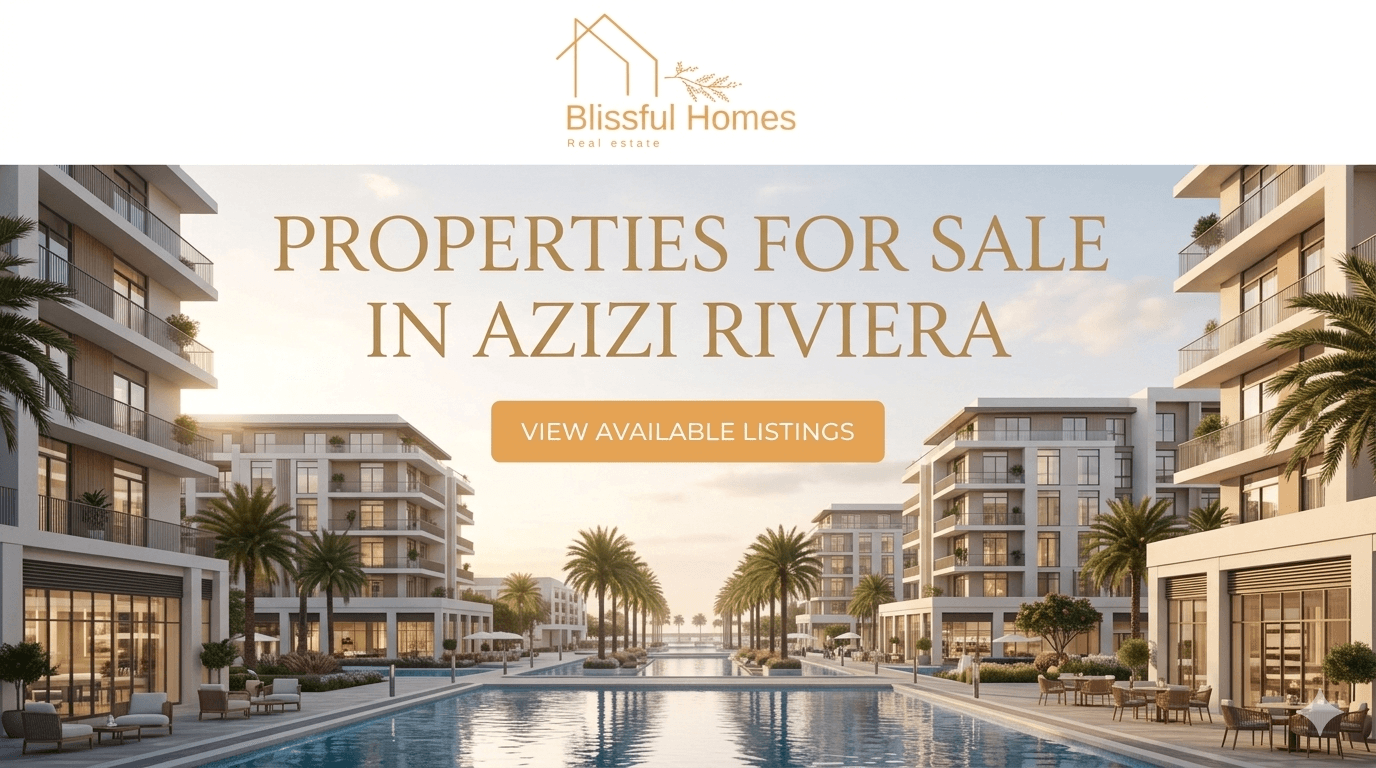 Wide-angle view of the Azizi Riviera Crystal Lagoon at sunset, featuring luxury mid-rise apartments by Blissful Homes, white sandy beaches, and the Dubai skyline in the distance