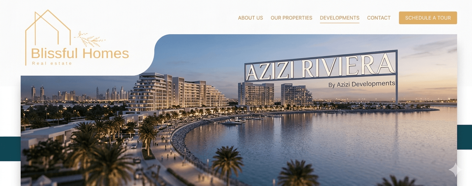 Exterior view of a modern residential building by a real estate company in Azizi Riviera, Meydan.