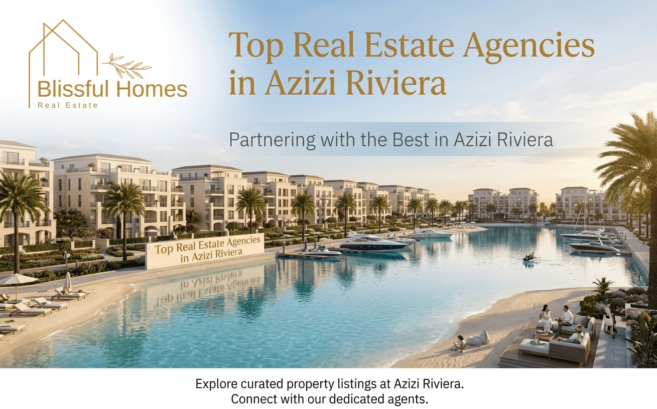 A luxury real estate landing page banner featuring the "Blissful Homes" logo. The background is a stunning aerial photograph of a upscale waterfront residential community with a large, artificial blue lagoon and palm trees, depicting the Azizi Riviera development. Large gold text reads: "Top Real Estate Agencies in Azizi Riviera." Smaller text below says: "Partnering with the Best in Azizi Riviera." The banner includes other people enjoying a poolside lounge, various yachts in the marina, and small white signs reading "Top Real Estate Agencies in Azizi Riviera." At the bottom, text reads: "Explore curated property listings at Azizi Riviera. Connect with our dedicated agents."