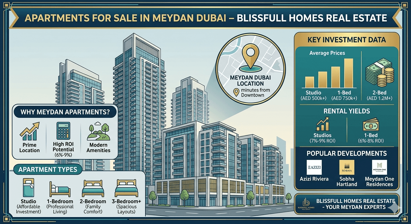 A professional infographic-style image for Blissfull Homes Real Estate showcasing apartments for sale in Meydan, Dubai. The graphic features modern high-rise buildings and data panels highlighting "Key Investment Data" such as 7%-9% ROI for studios, average prices starting from AED 500k, and logos for top developments like Azizi Riviera and Sobha Hartland. Icons illustrate apartment types from studios to 3-bedroom units, all set against a premium teal and gold color palette.