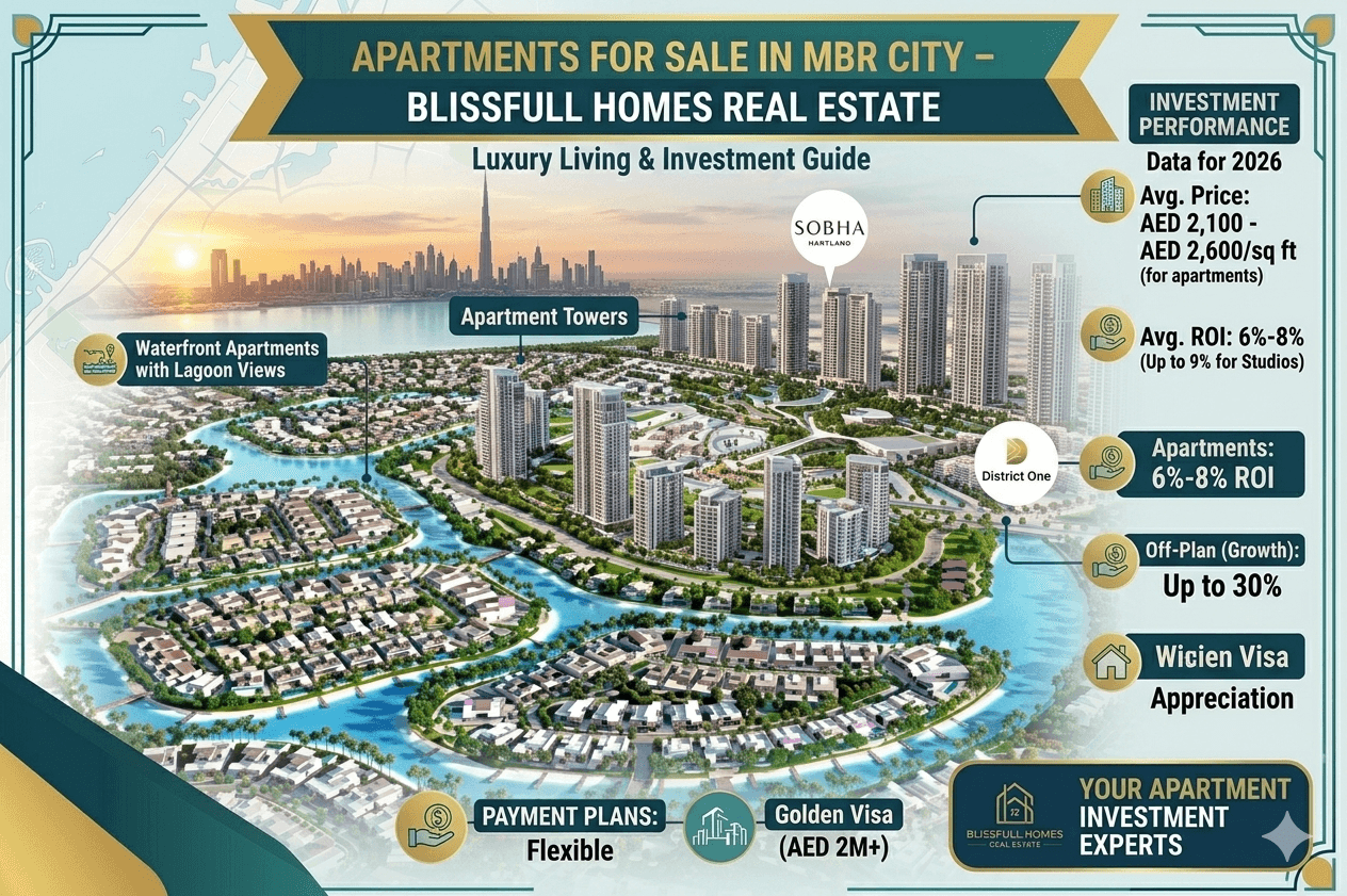 A luxurious infographic featured image for Blissfull Homes Real Estate, adapted for MBR City apartments. It features a stunning panoramic isometric view of a large development (based on District One in image_13.png and image_15.png), with multiple detailed clusters of high-rise apartment towers (from image_13.png) integrated seamlessly among modern low-rise villas and a vast Crystal Lagoon. Key text overlays in gold and deep teal, including a subtext of 'Luxury Living & Investment Guide,' label 'Apartment Towers' and 'Waterfront Apartments with Lagoon Views.' Streamlined data panels showcase new 2026 apartment stats: 'Avg. Price: AED 2,100-AED 2,600/sq ft,' 'ROI: 6%-8% (Up to 9% for Studios),' 'Capital Appreciation: Up to 30% for Off-Plan.' Integrated lifestyle icons represent 'PAYMENT PLANS: Flexible' and 'Golden Visa (AED 2M+).' Branding for Blissfull Homes and generic project logos like Sobha Hartland and District One are present. Far in the background, a clear view of the Downtown Dubai skyline is visible under a sunset. The entire visual is pristine and professional.