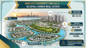 A premium infographic featured image for Blissfull Homes Real Estate, centered on Mohammed Bin Rashid City, Dubai. The illustrative graphic integrates detailed architectural visualizations of modern luxury low-rise villas surrounding the massive Crystal Lagoon with clean data graphics. Integrated panels and icons highlight key investment statistics: 'ROI: 6%-9% apartments' and 'CAPITAL APPRECIATION: Up to 30%' for off-plan; 'PAYMENT PLANS: Flexible'. Labels point to '7 km CRYSTAL LAGOON', 'PREMIUM VILLAS', and 'HIGH-RISE APARTMENTS'. Logos for generic projects like 'Sobha Hartland' and 'District One' are present near relevant areas, with branding for Blissfull Homes consistent throughout. Far in the background, a clear view of the Downtown Dubai skyline is visible under a sunset. The color scheme is teal, gold, light blue, and white.