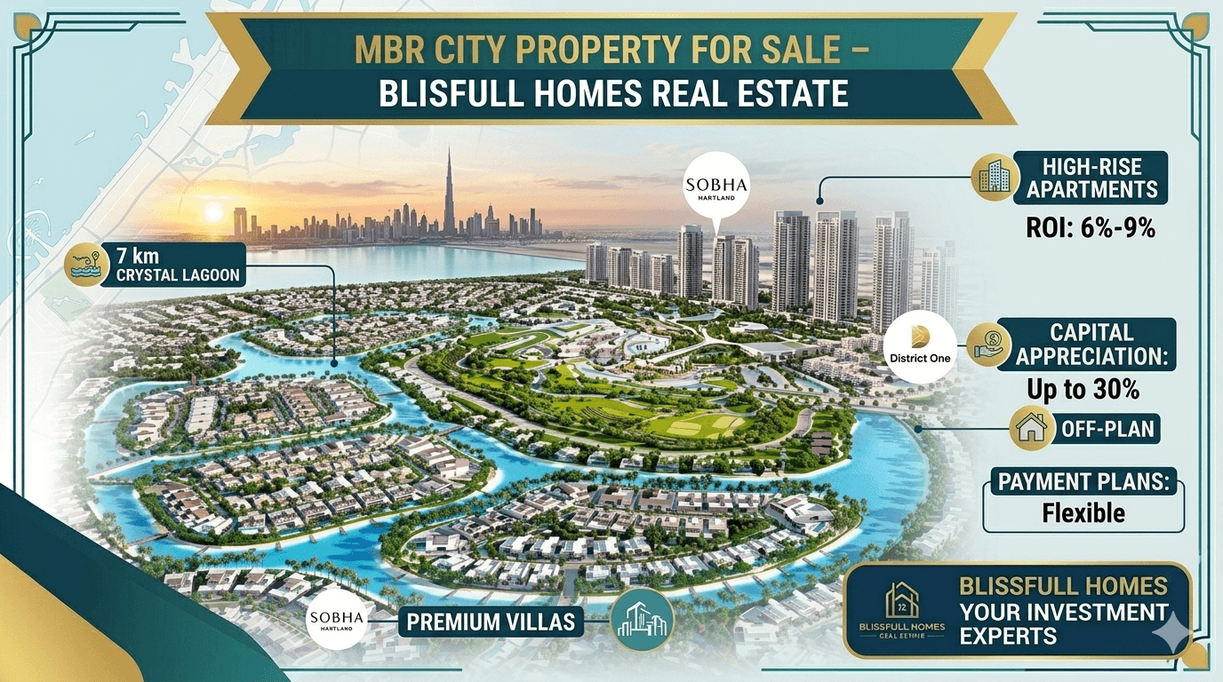 A premium infographic featured image for Blissfull Homes Real Estate, centered on Mohammed Bin Rashid City, Dubai. The illustrative graphic integrates detailed architectural visualizations of modern luxury low-rise villas surrounding the massive Crystal Lagoon with clean data graphics. Integrated panels and icons highlight key investment statistics: 'ROI: 6%-9% apartments' and 'CAPITAL APPRECIATION: Up to 30%' for off-plan; 'PAYMENT PLANS: Flexible'. Labels point to '7 km CRYSTAL LAGOON', 'PREMIUM VILLAS', and 'HIGH-RISE APARTMENTS'. Logos for generic projects like 'Sobha Hartland' and 'District One' are present near relevant areas, with branding for Blissfull Homes consistent throughout. Far in the background, a clear view of the Downtown Dubai skyline is visible under a sunset. The color scheme is teal, gold, light blue, and white.