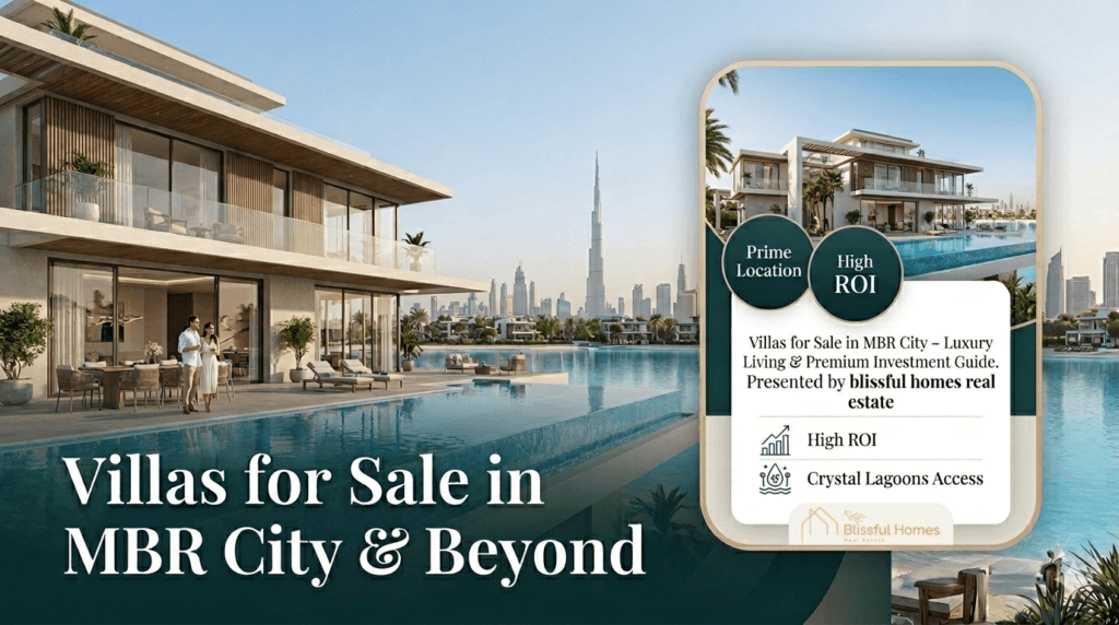 A real estate graphic promoting MBR City villas, featuring a luxurious modern villa with a pool overlooking the Dubai skyline and Burj Khalifa. On the right, an information card details the investment guide, key features like "High ROI," and the "blissful homes real estate" brand. A title reads "Villas for Sale in MBR City & Beyond.