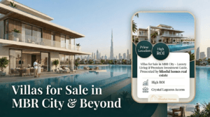A real estate graphic promoting MBR City villas, featuring a luxurious modern villa with a pool overlooking the Dubai skyline and Burj Khalifa. On the right, an information card details the investment guide, key features like "High ROI," and the "blissful homes real estate" brand. A title reads "Villas for Sale in MBR City & Beyond.