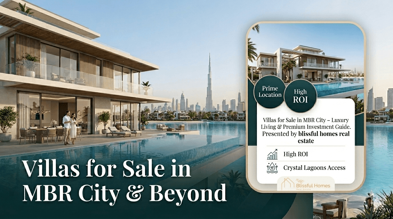 A real estate graphic promoting MBR City villas, featuring a luxurious modern villa with a pool overlooking the Dubai skyline and Burj Khalifa. On the right, an information card details the investment guide, key features like "High ROI," and the "blissful homes real estate" brand. A title reads "Villas for Sale in MBR City & Beyond.