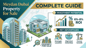 An infographic-style featured image for a blog titled "Meydan Dubai Property for Sale – Complete Guide." The image features stylized illustrations of modern high-rise apartments and a luxury villa on a light blue map background of Dubai. Key sections include "INVESTMENT POTENTIAL" with a bar chart, coins, and "6%-8% ROI," and "KEY ADVANTAGES" with icons for "Strategic Location," "High-End Amenities," and "Future Growth." A small icon group shows "PROPERTY FOR SALE." The color scheme is teal, gold, light blue, and white.