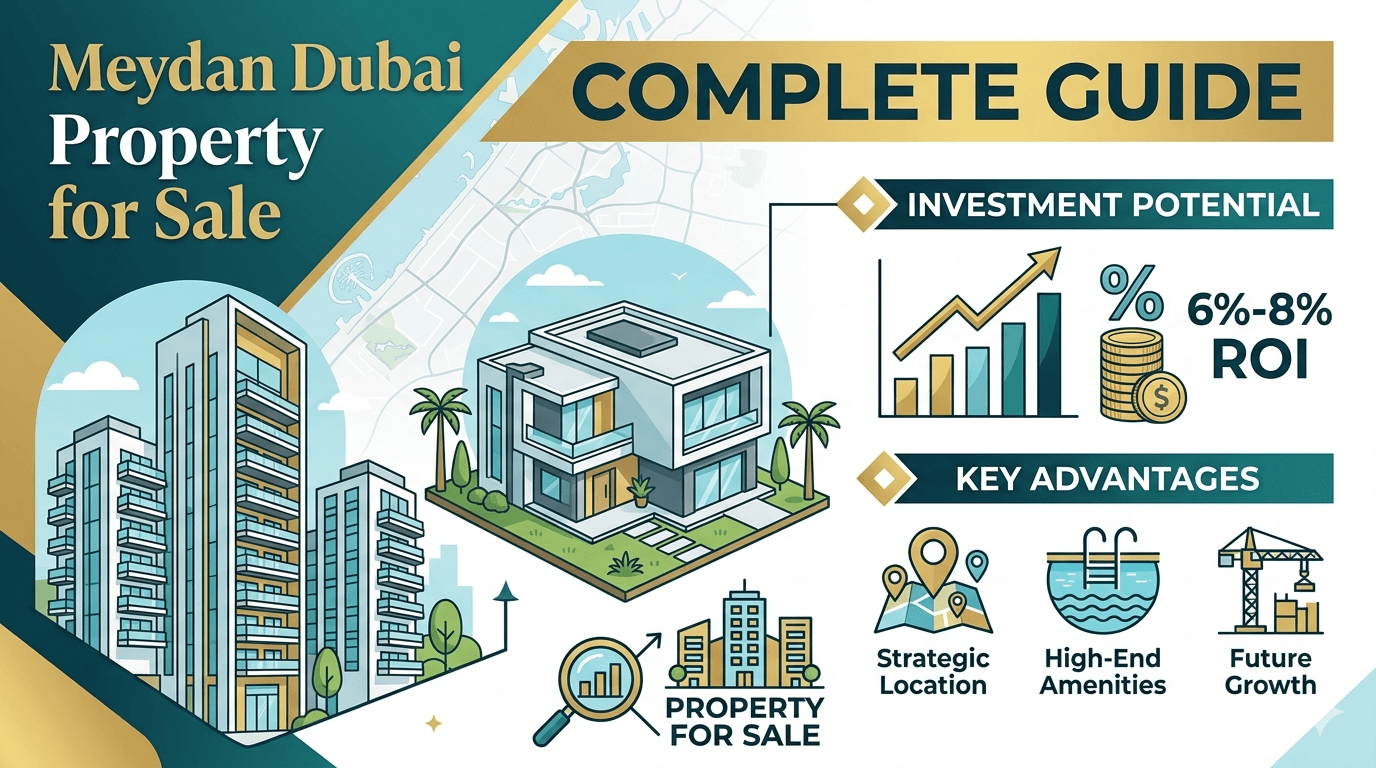 An infographic-style featured image for a blog titled "Meydan Dubai Property for Sale – Complete Guide." The image features stylized illustrations of modern high-rise apartments and a luxury villa on a light blue map background of Dubai. Key sections include "INVESTMENT POTENTIAL" with a bar chart, coins, and "6%-8% ROI," and "KEY ADVANTAGES" with icons for "Strategic Location," "High-End Amenities," and "Future Growth." A small icon group shows "PROPERTY FOR SALE." The color scheme is teal, gold, light blue, and white.