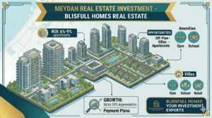 A luxurious infographic featured image for Blissfull Homes Real Estate, serving as a comprehensive investment guide for Meydan, Dubai. It features a detailed isometric illustrative model showcasing a large, modern development blending high-rise apartment towers and contemporary luxury villas seamlessly, set against a subtle map background from image_0.png. Integrated minimal text panels and icons highlight key investment points: 'ROI: 6%-9% apartments' and 'GROWTH: Up to 30% Appreciation' near the center; 'OPPORTUNITIES: Off-Plan, Villas, Apartments' near specific building types. Icons illustrate lifestyle and amenities, including Gym, School, and Retail. Branding for "BLISSFULL HOMES REAL ESTATE" is consistent. The color scheme is teal, gold, light blue, and white.