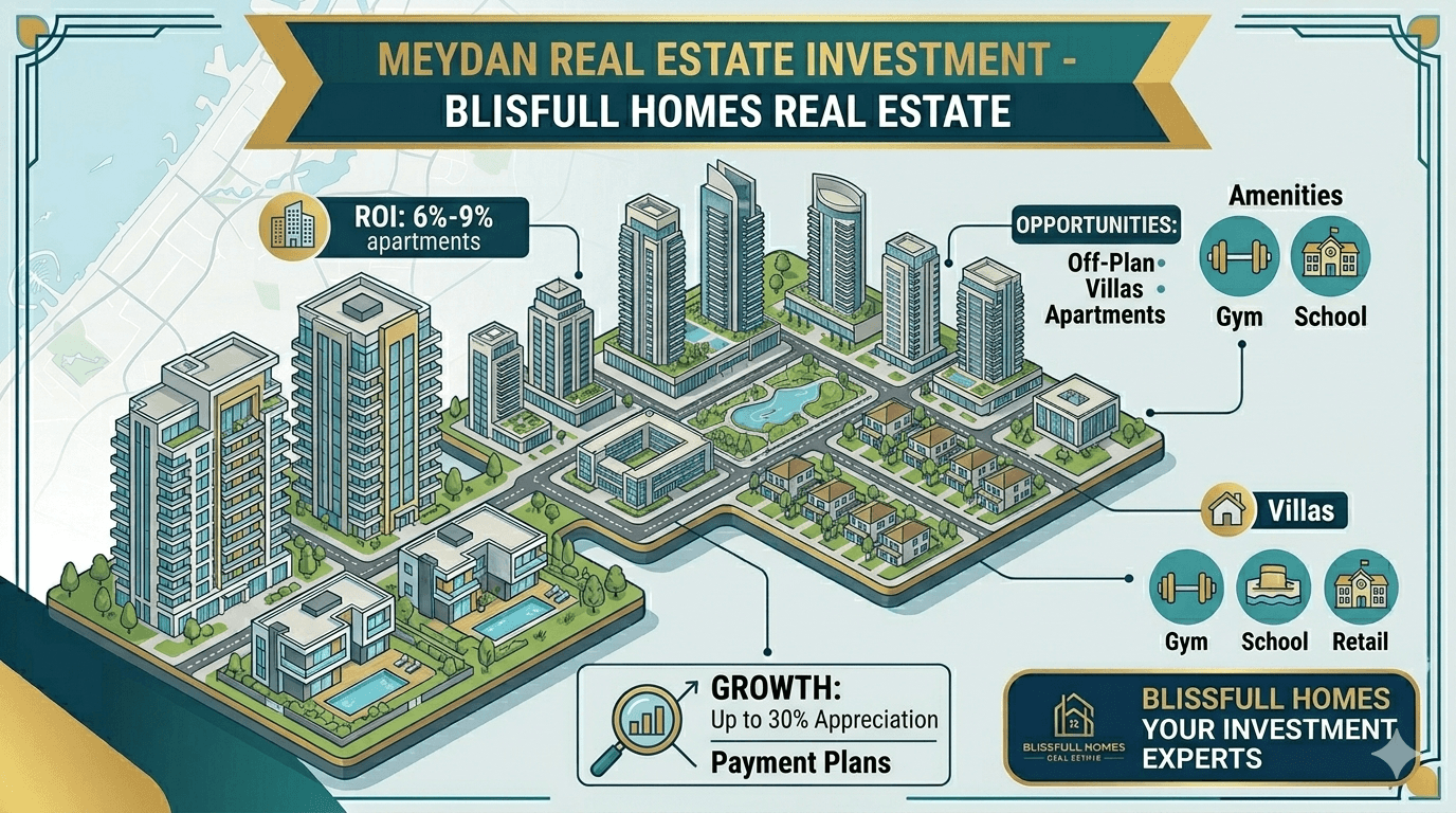A luxurious infographic featured image for Blissfull Homes Real Estate, serving as a comprehensive investment guide for Meydan, Dubai. It features a detailed isometric illustrative model showcasing a large, modern development blending high-rise apartment towers and contemporary luxury villas seamlessly, set against a subtle map background from image_0.png. Integrated minimal text panels and icons highlight key investment points: 'ROI: 6%-9% apartments' and 'GROWTH: Up to 30% Appreciation' near the center; 'OPPORTUNITIES: Off-Plan, Villas, Apartments' near specific building types. Icons illustrate lifestyle and amenities, including Gym, School, and Retail. Branding for "BLISSFULL HOMES REAL ESTATE" is consistent. The color scheme is teal, gold, light blue, and white.