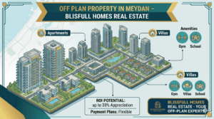 An infographic featured image for Blissfull Homes Real Estate focused on illustrating off-plan properties in Meydan, Dubai. It features a detailed, expansive architectural model of a modern development, with high-rise apartment towers and luxury villas dominating the scene. Integrated into the illustration are stylized labels and icons for "Apartments," "Villas," "Amenities" (gym and school icons), "ROI Potential: up to 30% Appreciation," and "Flexible Payment Plans." Branding for Blissfull Homes Real Estate is consistent in the top banner and the bottom right call-to-action. The color scheme is teal, gold, light blue, and white.