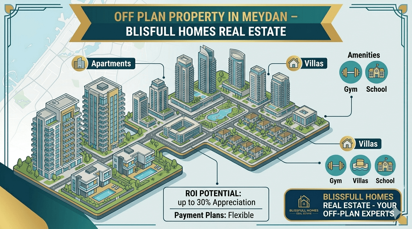 An infographic featured image for Blissfull Homes Real Estate focused on illustrating off-plan properties in Meydan, Dubai. It features a detailed, expansive architectural model of a modern development, with high-rise apartment towers and luxury villas dominating the scene. Integrated into the illustration are stylized labels and icons for "Apartments," "Villas," "Amenities" (gym and school icons), "ROI Potential: up to 30% Appreciation," and "Flexible Payment Plans." Branding for Blissfull Homes Real Estate is consistent in the top banner and the bottom right call-to-action. The color scheme is teal, gold, light blue, and white.