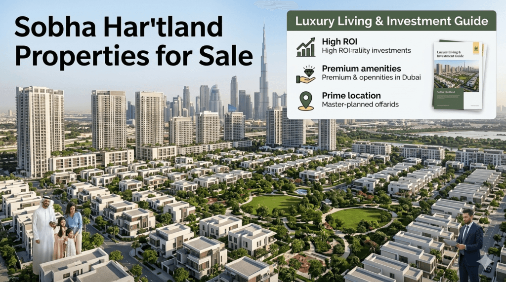 A real estate marketing infographic featuring a panoramic aerial view of a sprawling master-planned community in Dubai, likely Sobha Hartland, with distinct clusters of modern villas and mid-rise apartment buildings surrounding a central green park. The background shows the prominent Dubai skyline, including the Burj Khalifa, under a clear blue sky. A large title text at the top reads: 'Sobha Hartland Properties for Sale – Luxury Living & Investment Guide'. An overlay panel on the right details the guide's content with icons: 'High ROI,' 'Premium Amenities,' 'Prime Location,' and 'Investment Guide Download,' featuring a graphic of the guide brochure. Two people—a prospective buyer (right) holding a brochure and an agent (left)—stand in the foreground of the master plan, illustrating customer service.