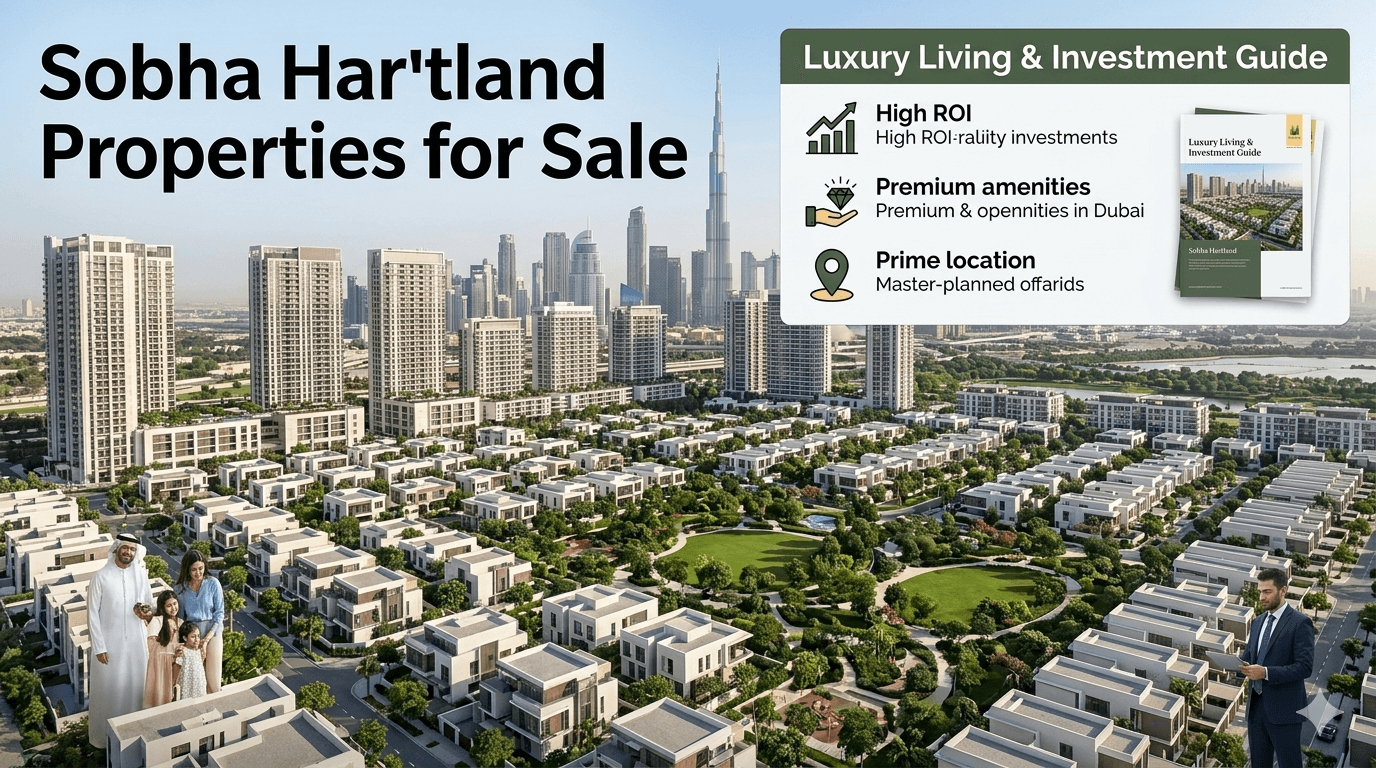 A real estate marketing infographic featuring a panoramic aerial view of a sprawling master-planned community in Dubai, likely Sobha Hartland, with distinct clusters of modern villas and mid-rise apartment buildings surrounding a central green park. The background shows the prominent Dubai skyline, including the Burj Khalifa, under a clear blue sky. A large title text at the top reads: 'Sobha Hartland Properties for Sale – Luxury Living & Investment Guide'. An overlay panel on the right details the guide's content with icons: 'High ROI,' 'Premium Amenities,' 'Prime Location,' and 'Investment Guide Download,' featuring a graphic of the guide brochure. Two people—a prospective buyer (right) holding a brochure and an agent (left)—stand in the foreground of the master plan, illustrating customer service.