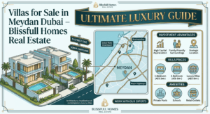 A luxurious infographic-style featured image for a blog post titled "Villas for Sale in Meydan Dubai – Blissfull Homes Real Estate." The illustration combines architectural visualization of contemporary villas with interactive data panels. Key sections include: "Investment Advantages" with icons for High Capital Appreciation, Family-Friendly Surroundings, and Strategic Location; "Villa Prices" for 3-Bedroom (AED 3M+), 4-Bedroom (AED 5M+), and Luxury Villas (AED 8M+); and "Amenities" like Private Pools, Schools, and Retail Outlets. A stylized map points out Meydan's connection to Downtown and Business Bay. Logos for Blissfull Homes Real Estate are visible throughout the composition, which uses a premium gold, deep teal, and white color scheme.