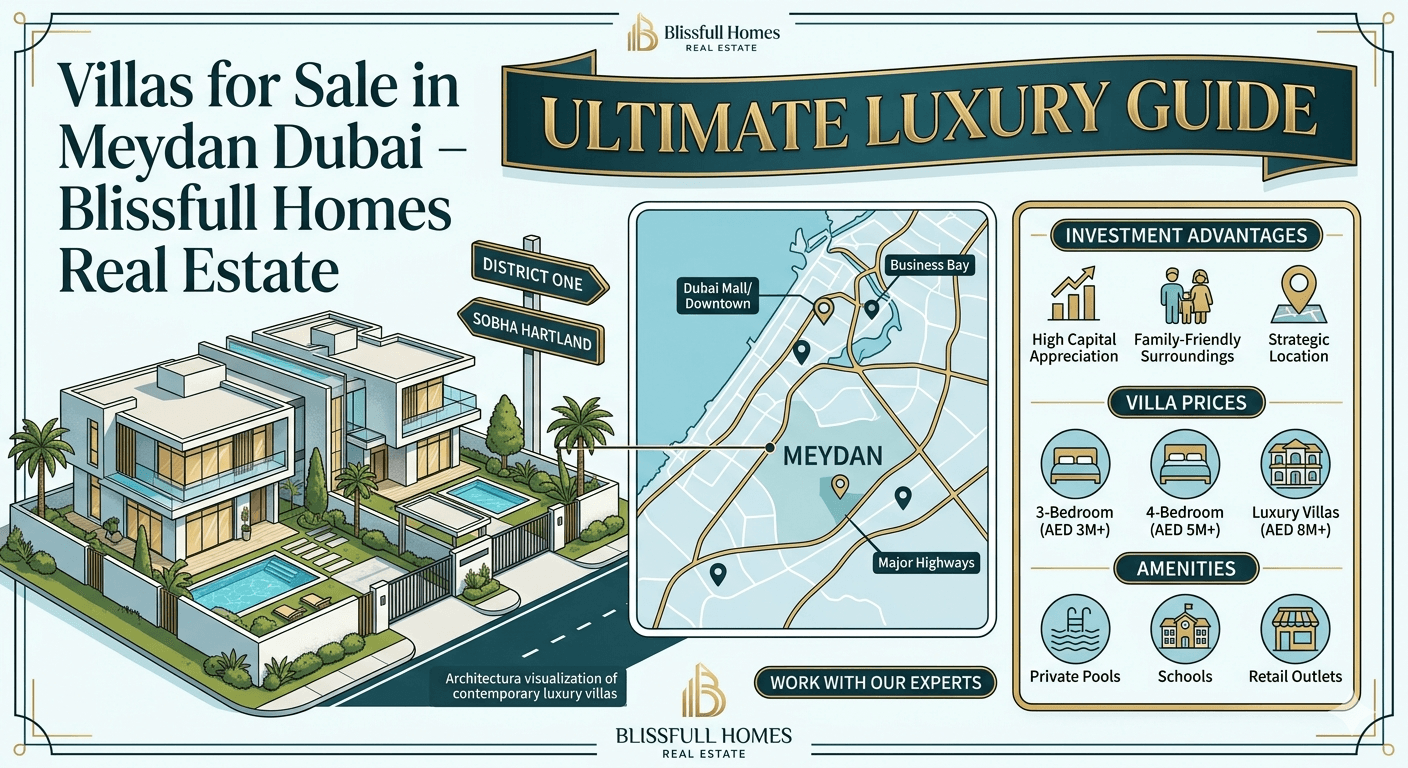 A luxurious infographic-style featured image for a blog post titled "Villas for Sale in Meydan Dubai – Blissfull Homes Real Estate." The illustration combines architectural visualization of contemporary villas with interactive data panels. Key sections include: "Investment Advantages" with icons for High Capital Appreciation, Family-Friendly Surroundings, and Strategic Location; "Villa Prices" for 3-Bedroom (AED 3M+), 4-Bedroom (AED 5M+), and Luxury Villas (AED 8M+); and "Amenities" like Private Pools, Schools, and Retail Outlets. A stylized map points out Meydan's connection to Downtown and Business Bay. Logos for Blissfull Homes Real Estate are visible throughout the composition, which uses a premium gold, deep teal, and white color scheme.