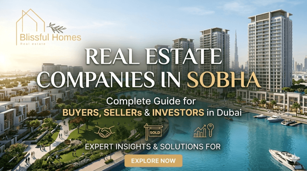A real estate landing page banner for Blissful Homes featuring a wide-angle photograph of the Sobha community in Dubai with waterfront views, luxury villas, and high-rise buildings. Text overlays read "REAL ESTATE COMPANIES IN SOBHA" and "Complete Guide for BUYERS, SELLERS & INVESTORS in Dubai" with icons for a handshake, sold sign, and investment growth, plus an "EXPLORE NOW" button.