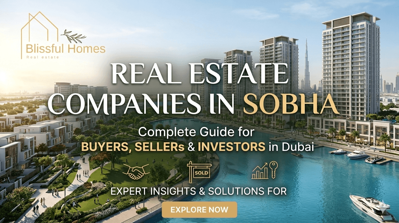 A real estate landing page banner for Blissful Homes featuring a wide-angle photograph of the Sobha community in Dubai with waterfront views, luxury villas, and high-rise buildings. Text overlays read "REAL ESTATE COMPANIES IN SOBHA" and "Complete Guide for BUYERS, SELLERS & INVESTORS in Dubai" with icons for a handshake, sold sign, and investment growth, plus an "EXPLORE NOW" button.