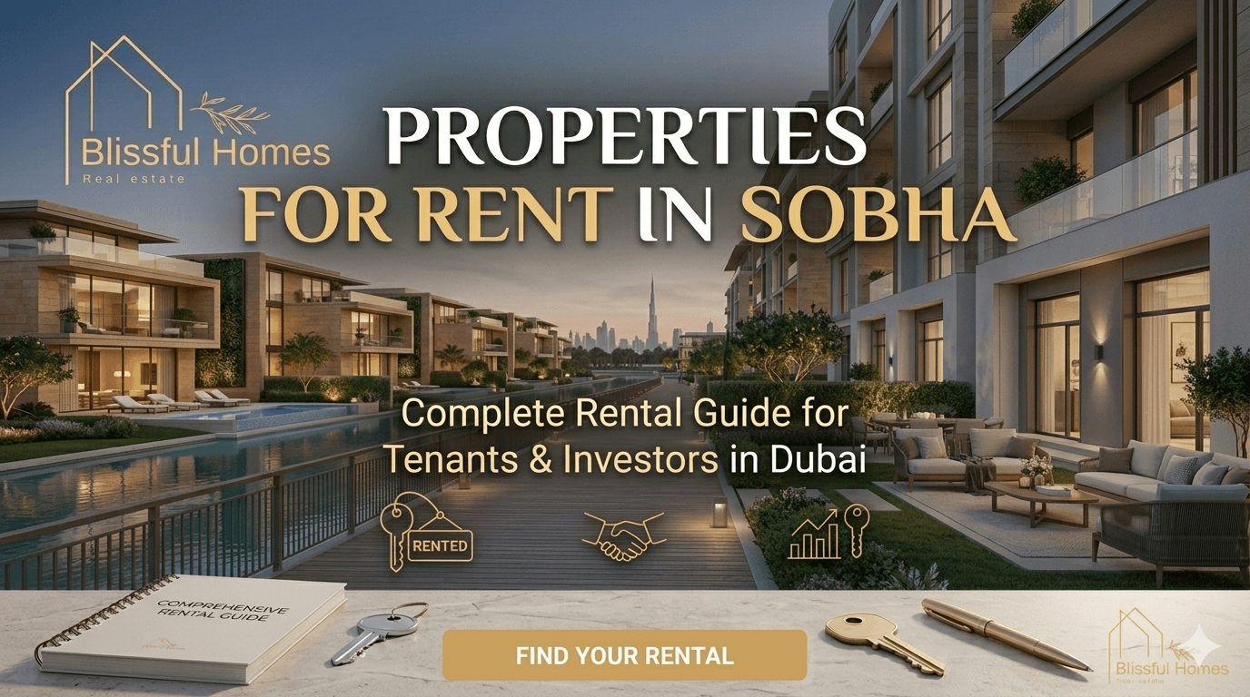 A real estate landing page banner for Blissful Homes featuring a perspective view of a luxury residential community in Sobha, Dubai, with landscaped areas, pools, and a distant skyline at twilight. Overlaid text reads, "PROPERTIES FOR RENT IN SOBHA - Complete Rental Guide for Tenants & Investors in Dubai" with icons and a "FIND YOUR RENTAL" button. The foreground includes keys and a "COMPREHENSIVE RENTAL GUIDE" booklet.