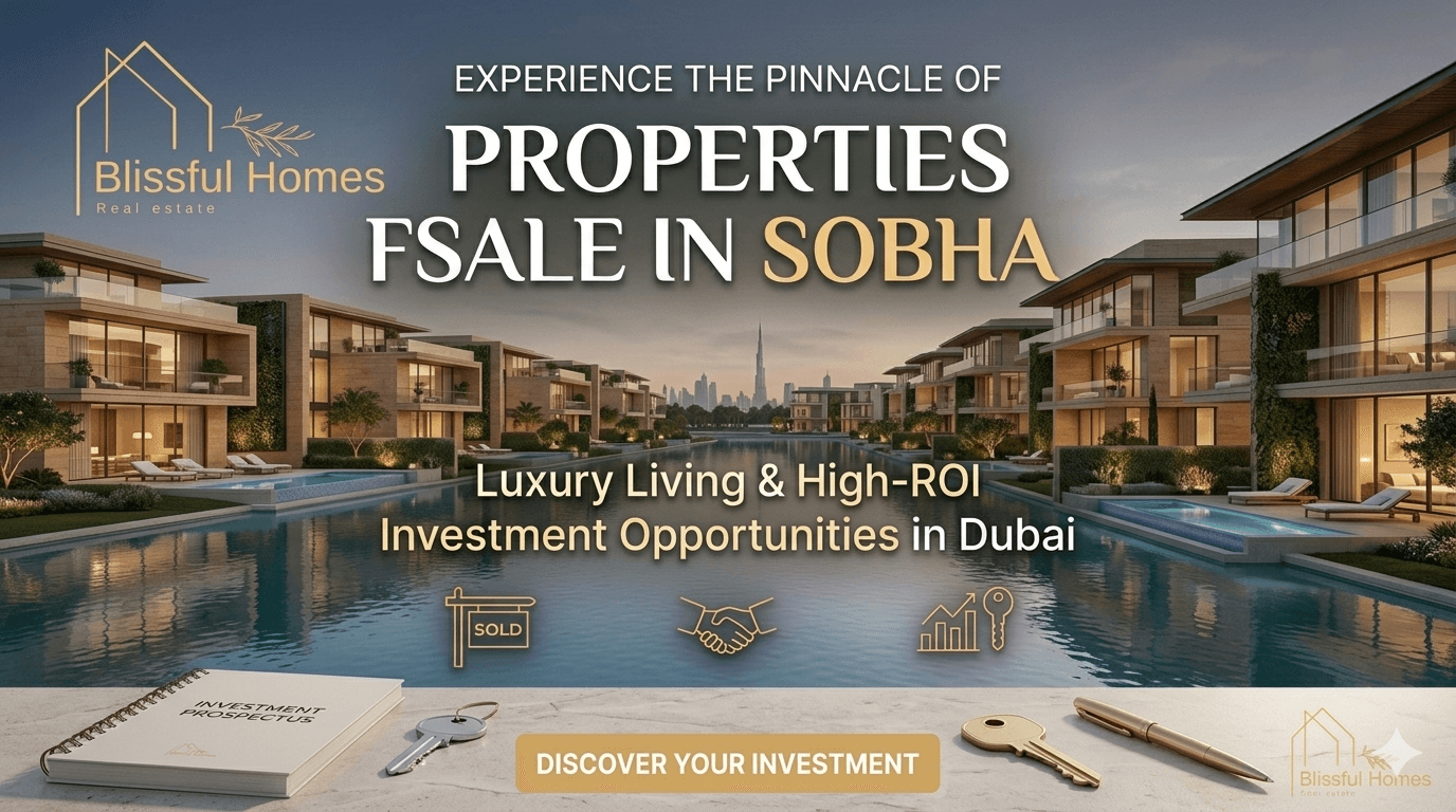 A featured landing page image for Blissful Homes Real Estate, displaying a luxury waterfront villa community in Sobha, Dubai, with pools and the Burj Khalifa visible in the distance. Overlaid text reads, 'PROPERTIES FOR SALE IN SOBHA - Luxury Living & High-ROI Investment Opportunities in Dubai,' accompanied by real estate icons, an 'Investment Prospectus,' keys, and a 'Discover Your Investment' button.