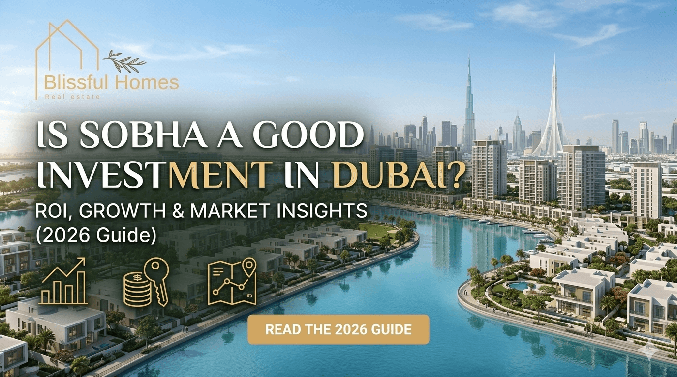 A real estate marketing banner featuring a vibrant aerial view of the Sobha waterfront community in Dubai with the city skyline in the background. Prominent text overlays ask 'IS SOBHA A GOOD INVESTMENT IN DUBAI?' and offer a '2026 Guide' on 'ROI, GROWTH & MARKET INSIGHTS', complete with investment icons and a 'READ THE 2026 GUIDE' button in the foreground. The 'Blissful Homes' logo is in the top left.